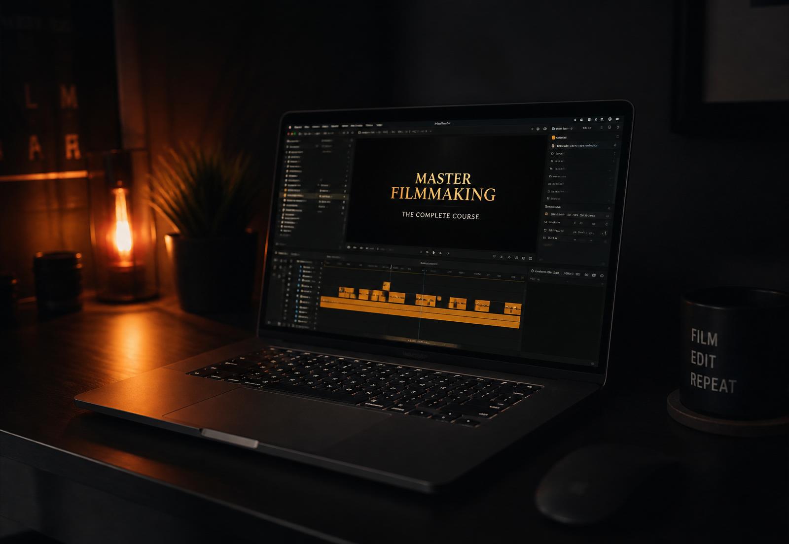 Course creator editing lessons at a desk at night